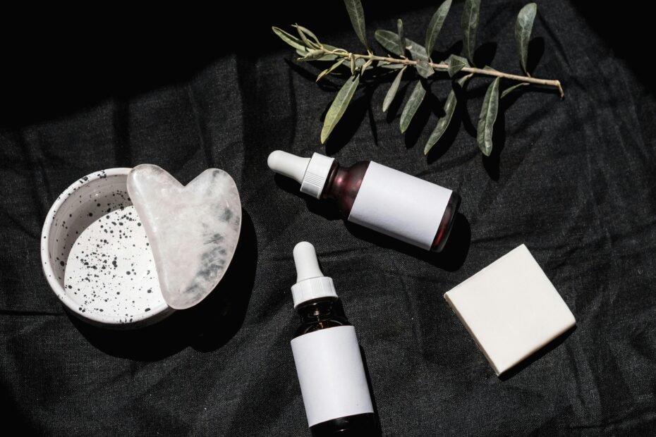 Self-care routine with skincare products, body lotion, and natural elements creating a calm and healthy lifestyle atmosphere.