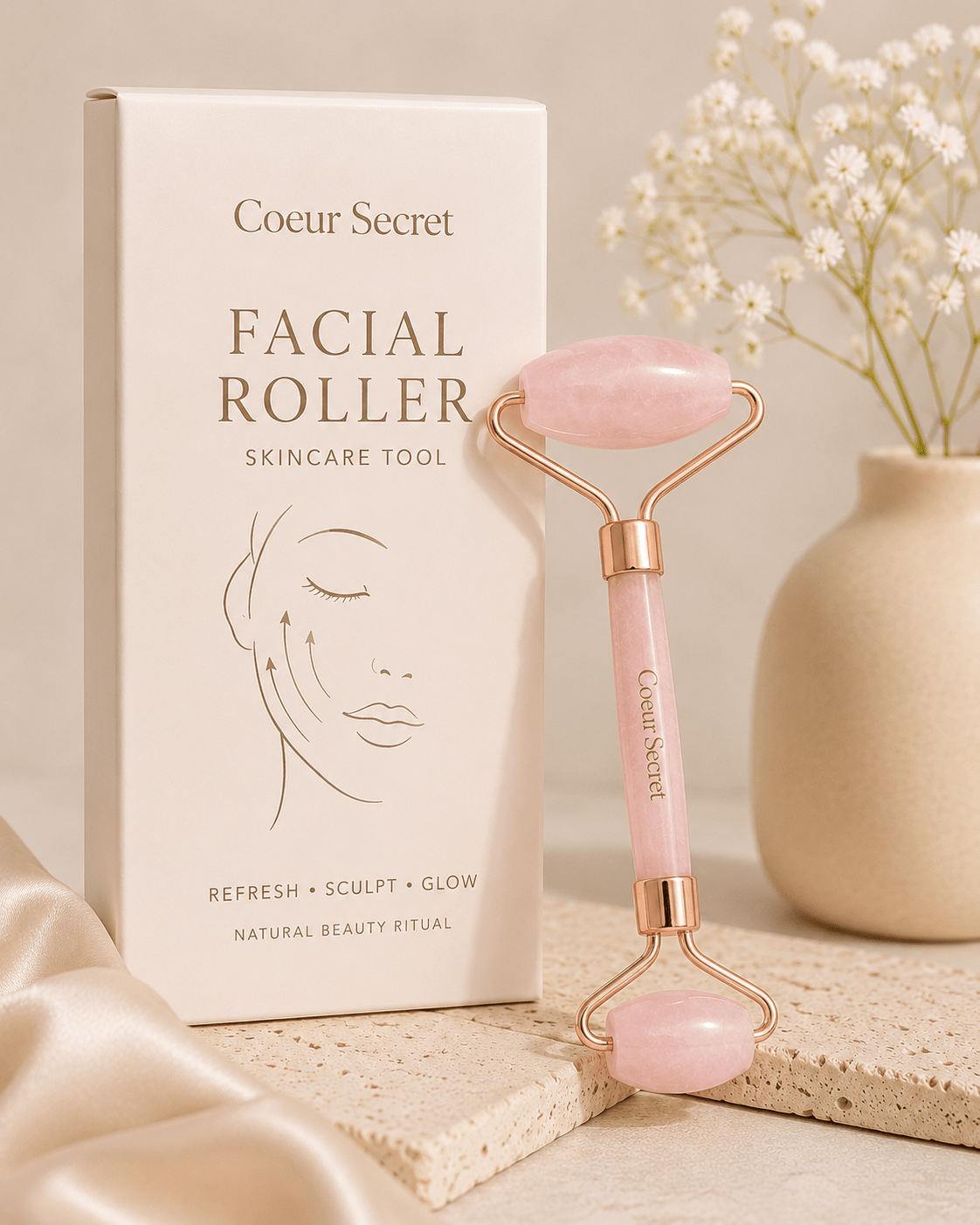 pink facial roller skincare tool for glowing skin