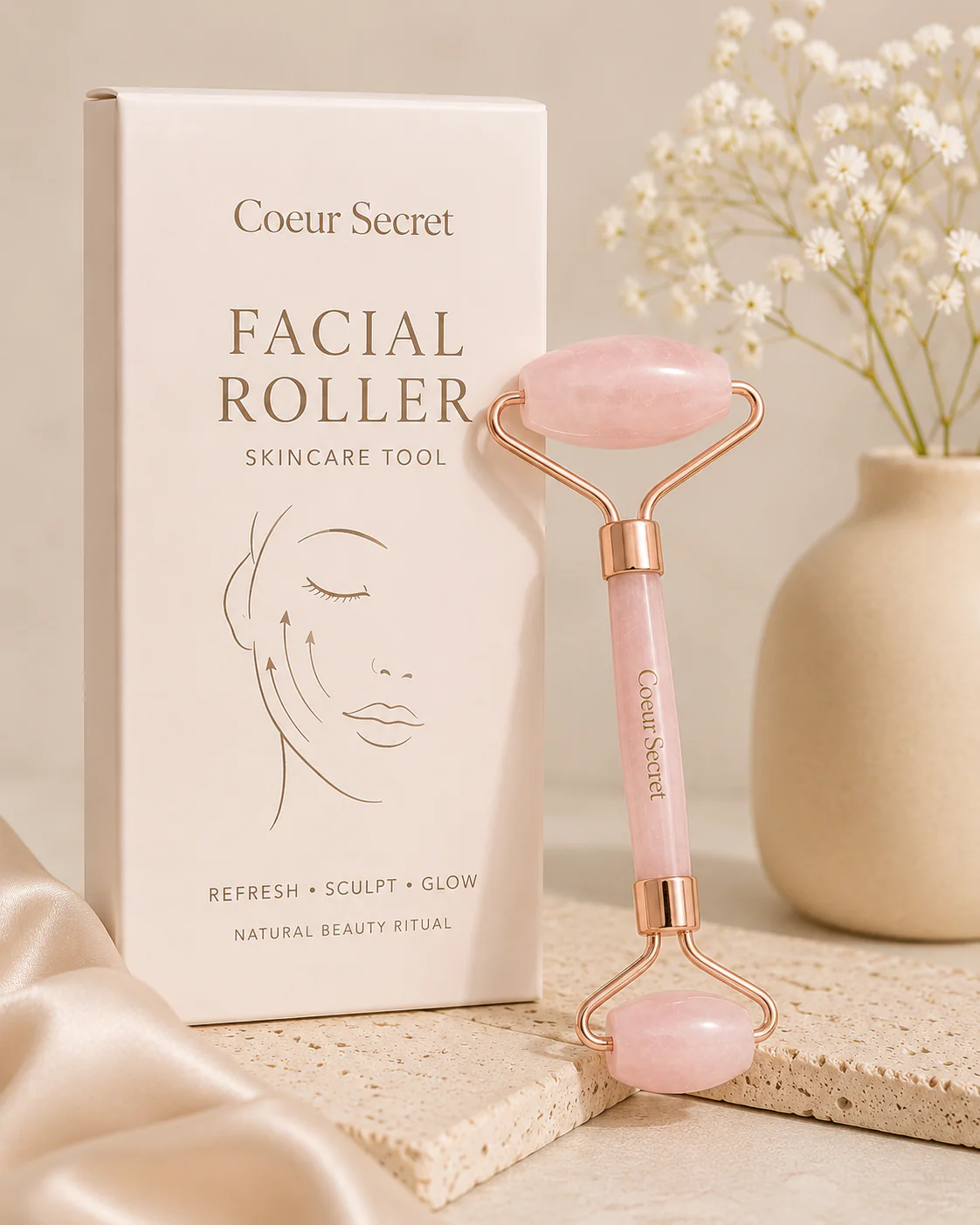 pink facial roller skincare tool for glowing skin
