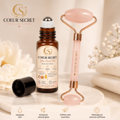 Glow skin care set with bottles and cream products